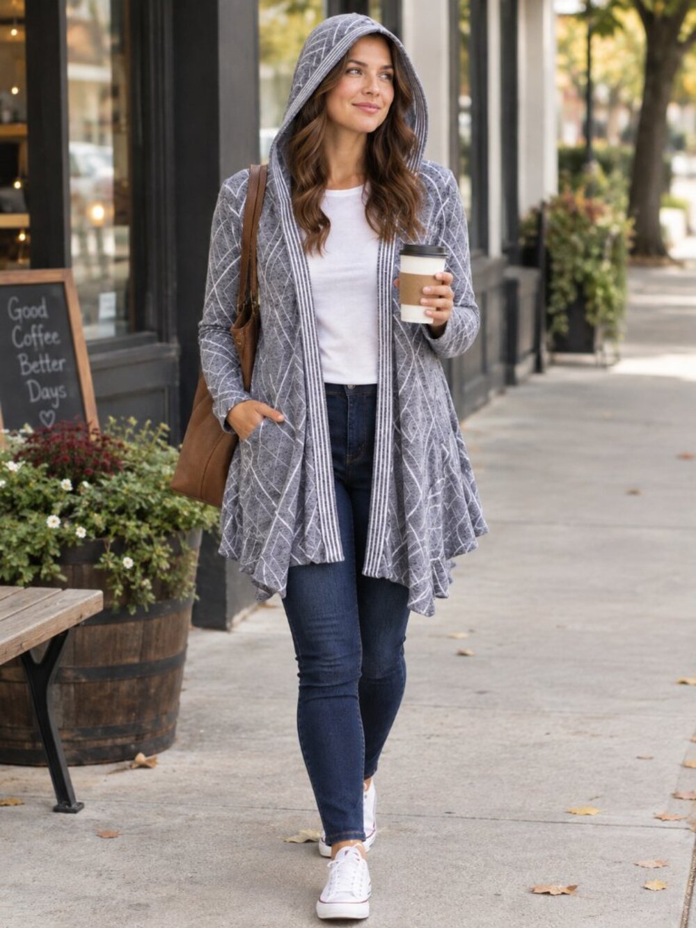 Belldini Open Front Hooded Cardigan Sweater Womens Size M Gray White Casual Chic